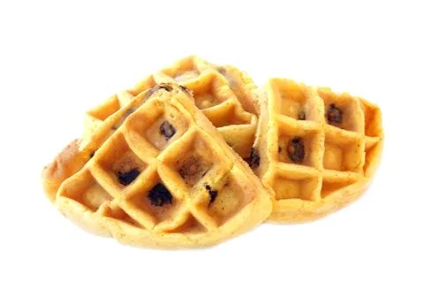 Stack of chocolate chip waffles on white background. Crispy golden homemade dess Foto stock