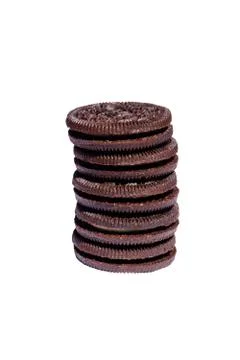 Stack of chocolate cookies with cream filling isolated on white background Stock Photos