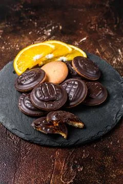 Stack of Chocolate Covered Round Jaffa Cookies with Orange Flavored Marmala.. Stock-Fotos