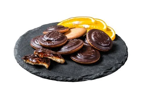 Stack of Chocolate Covered Round Jaffa Cookies with Orange Flavored Marmala.. Stockfoto's
