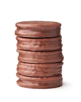 Stack of chocolate covered round sandwich cookies Stack of chocolate cover... Foto stock