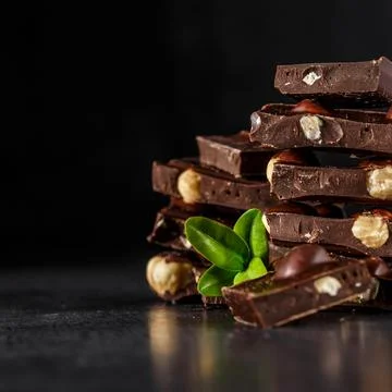 Stack of chocolate slices with mint leaf.Hazelnut and almond milk and dark ch Stock Photos