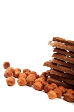 Stack of chocolate tiles with hazelnuts on a white background. Stock Photos