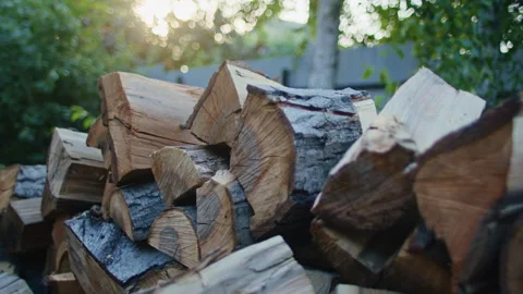 Stack of chopped firewood with bark in an outdoor setting with blurred trees in Stock Footage 287899302