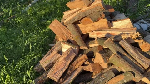 Stack of chopped firewood logs on green grass prepared for barbecue grill and Stock Footage 345725667