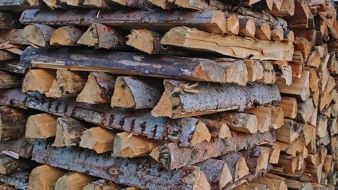 Stack of Chopped Firewood Logs Stored Outdoors for Central Heating Fireplace Stock Footage 300430936