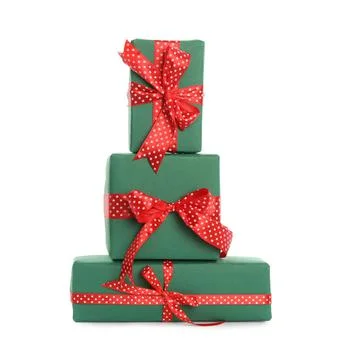 Stack of Christmas gift boxes on white background Stock Photos
