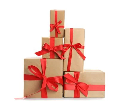 Stack of Christmas gift boxes on white background 스톡 사진