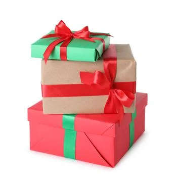 Stack of Christmas gift boxes on white background Stock Photos