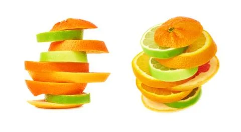 Stack of citrus sliced fruits over white isolated background Stock Photos