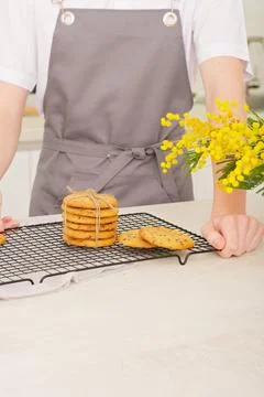 Stack of classic round bisquits on a kitchen rack. crispy cookies made by Stock-Fotos