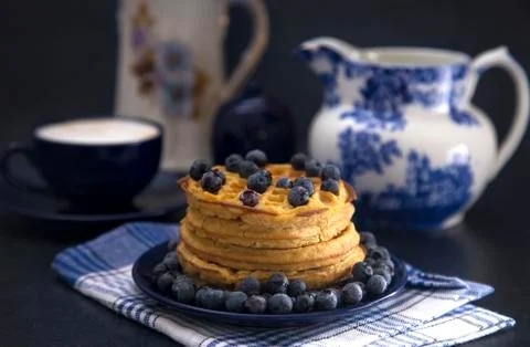 Stack of Classic Waffles with Blueberries Stock Photos