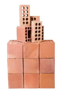Stack of clay bricks isolated on white 스톡 사진