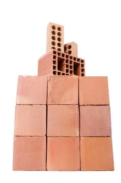 Stack of clay bricks isolated on white 写真素材