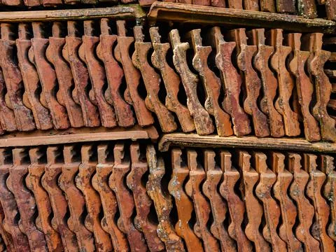 Stack with clay tiles that are worn out by time Foto stock