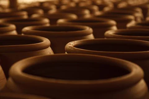 Stack of clay vase in the factory. Stock Photos