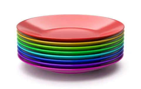 Stack of Clean Colorful Dishes on White Background 3D Illustration Stock-Illustration