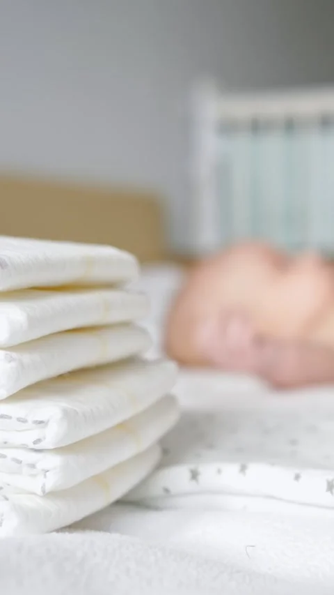 Stack of clean diapers with a newborn baby sleeping peacefully in the background Stock Footage 341285099
