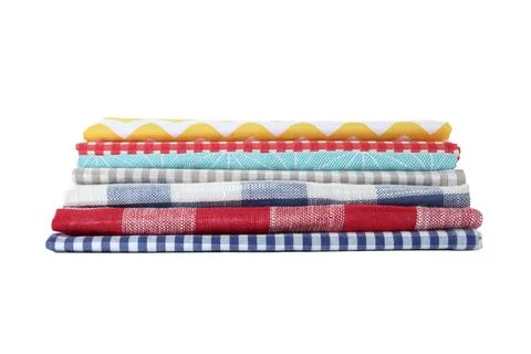 Stack of clean kitchen towels isolated on white Stock Photos