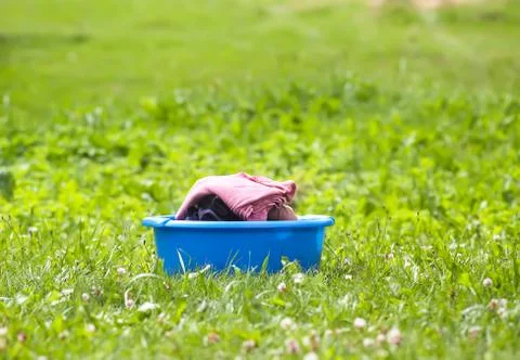Stack of clean laundry in the large plastic cup outdoors Stock Photos