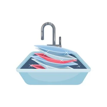 Stack of clean plates in the sink. Vector illustration on white background. Stock Illustration