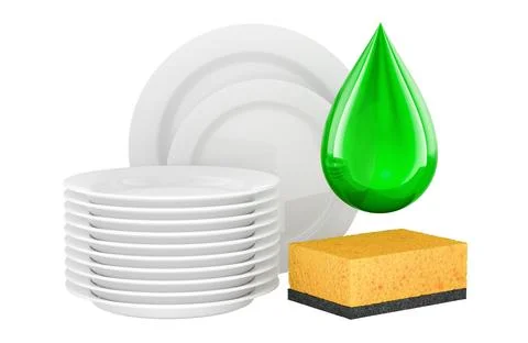 Stack of clean plates, sponge and drop of dishwashing detergent, 3D rendering Stock Illustration