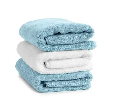Stack of clean soft towels on white background 스톡 사진