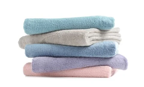 Stack of clean soft towels on white background 스톡 사진