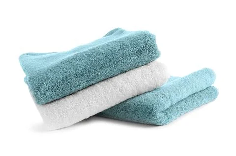 Stack of clean soft towels on white background 스톡 사진