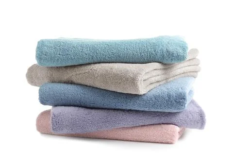 Stack of clean soft towels on white background 스톡 사진