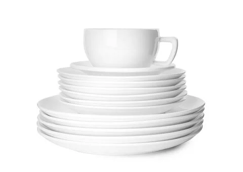 Stack of clean tableware isolated on white 스톡 사진