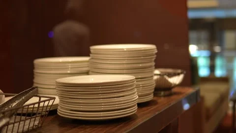 Stack of Clean White Ceramic Plates Ready for Buffet Service Stock Footage 341655034