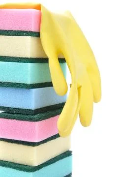 Stack of cleaning sponges and glove 库存照片
