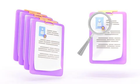 Stack clipboards, white paper sheet with magnifying glass, profile picture Illustrazione stock