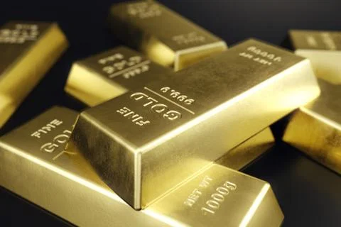Stack close-up Gold Bars, weight of Gold Bars 1000 grams Concept of wealth and Illustrazione stock