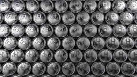 Stack of closed aluminium cans. Background, banner, copy space, 3D rendering. Stock Photos