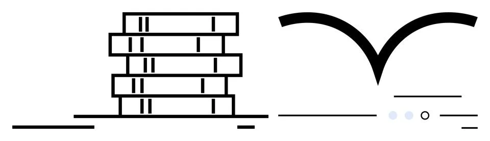 Stack of closed books beside an open book outline in minimalist black lines.  イラスト素材