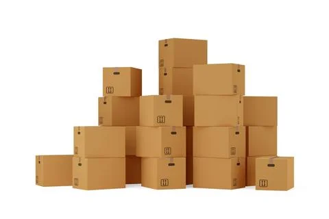 Stack of closed brown cardboard moving storage boxes over white background, m Stock Illustration