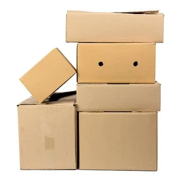 Stack of closed cardboard brown paper boxes isolated on white background Stock Photos