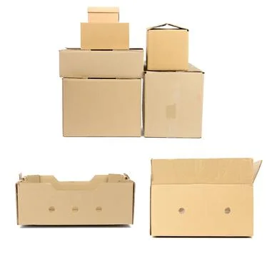 Stack of closed cardboard brown paper boxes isolated on white background Stock Photos