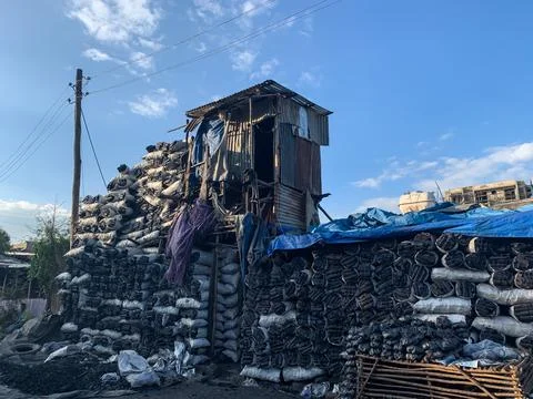 A stack of coal. A coal selling shop in Addis Ababa. Foto stock