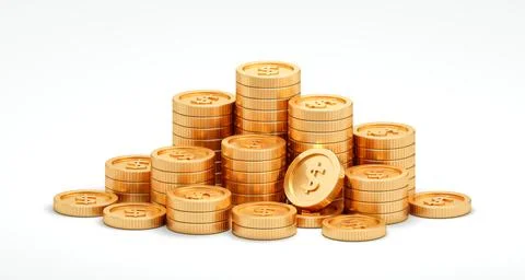 Stack of coin gold dollar cash isolated on white 3d background with golden .. Stock Illustration