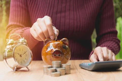 Stack coin with hand drop the coin into piggy bank. Financial, accounting and Stock Photos