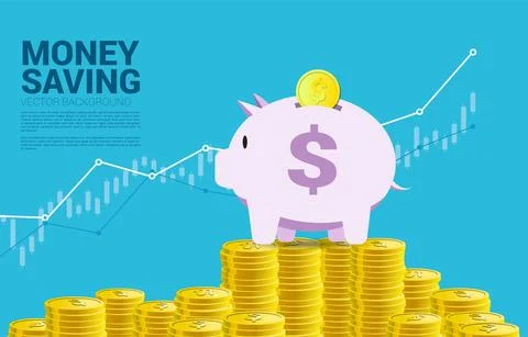 Stack of coin piggy bank with graph. Concept of success investment and money  Stock Illustration