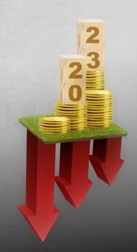 Stack of coins and 2023 with a decreasing arrow Stockfoto's