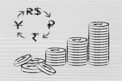 Stack of coins and BRICS currency symbols, exchange rates 스톡 일러스트