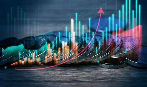 Stack of coins and chart with increasing indicators, high income in busines.. 库存照片