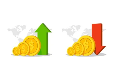 Stack of coins with up and down arrows Stock Illustration