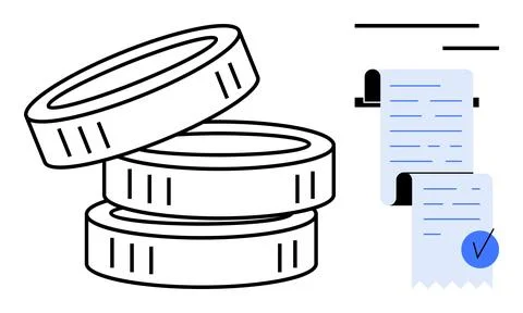 Stack of Coins and Financial Documents with Check Mark Indicating Approval Stock Illustration