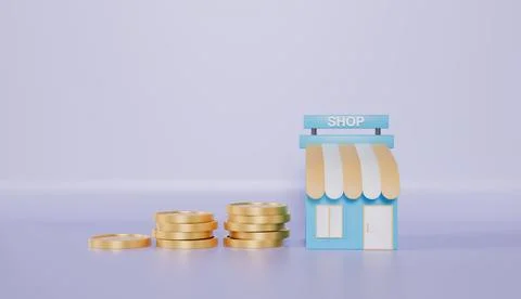 Stack of coins and house model on pink background Stock Illustration